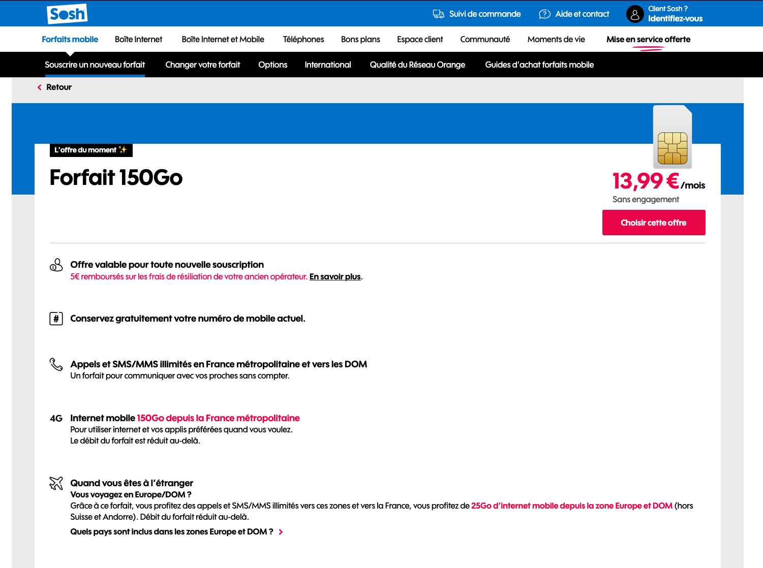 Augmentation des prix SOSH Forfait 150Go 13,99 € :mois