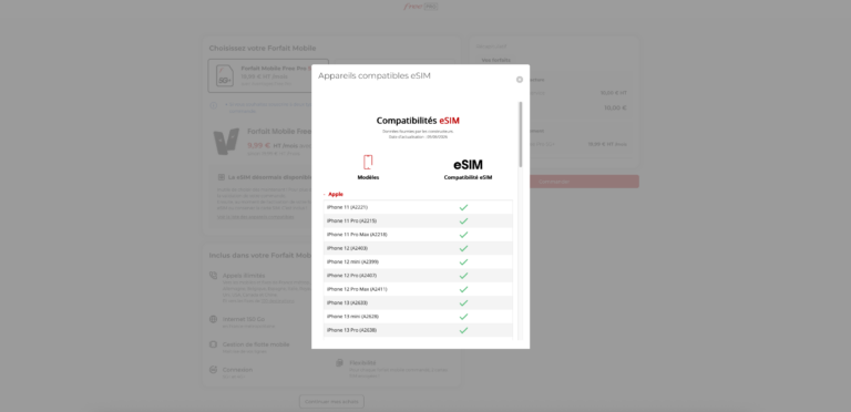 Présentation des appareils compatibles eSIM et Forfaits Free Pro