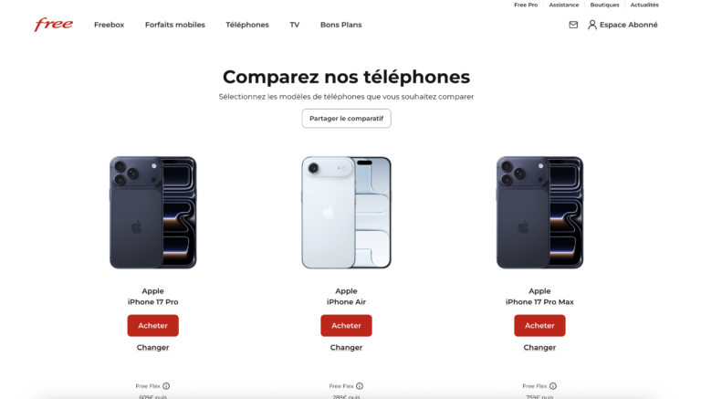 Free Mobile compare jusqu’à trois smartphones avant l’achat